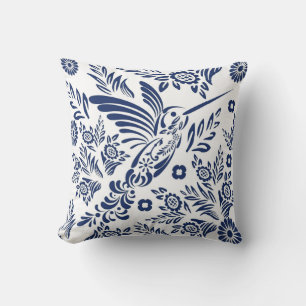 Blue & White Hummingbird Mexican Floral Talavera  Throw Pillow