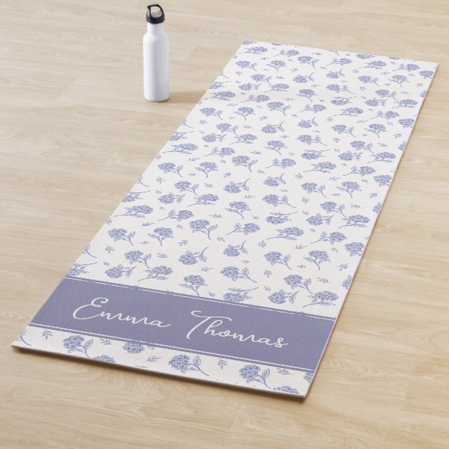 Blue & White Hydrangea Botanical Toile Personalize Yoga Mat (In Situ)