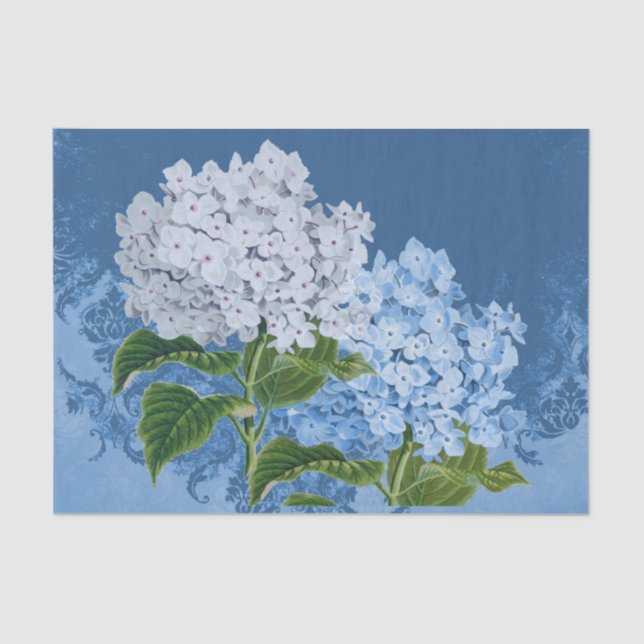 Blue White Hydrangea  Vintage Damask Tissue Paper (Front)