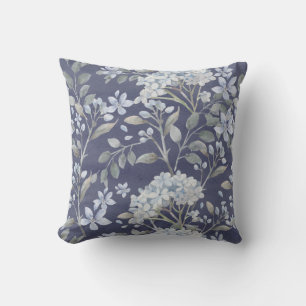 Blue White Hydrangeas Greenery on Blue Grey   Throw Pillow