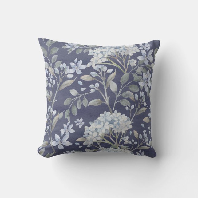 Blue White Hydrangeas Greenery on Blue Grey | Throw Pillow (Front)