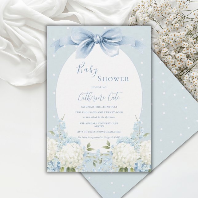 Blue White Hydrangeas Ribbon Vintage Baby Shower Invitation (Creator Uploaded)