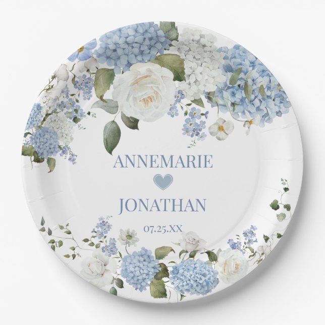 Blue White Hydrangeas, White Roses Floral Wedding Paper Plate (Front)