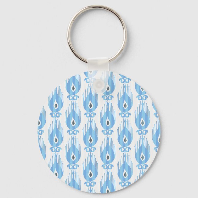 Blue White Ikat Pattern Design Keychain (Front)
