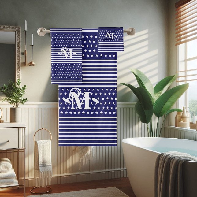 Blue White Independence Day Star & Strig Monogram (Blue White Independence Day Star & Stripe Monogram Bath Towel Set)