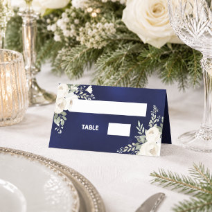 Blue white ivory florals place card