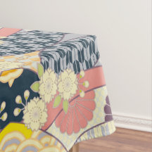 Blue White Japanese Kimono Floral Cotton Dining