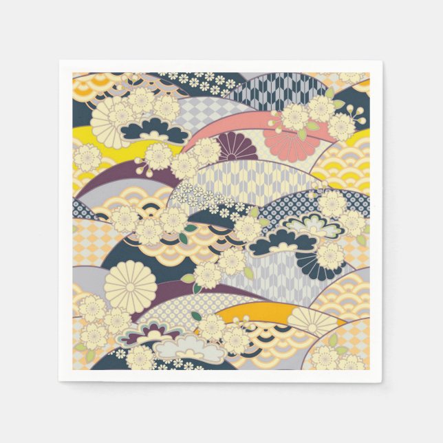 Blue White Japanese Kimono Floral Decoupage Paper Napkin (Front)