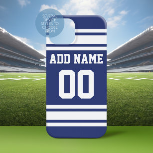 Blue White Jersey Stripes with Name and Number iPhone 15 Mini Case