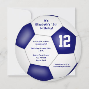 blue white kids soccer themed birthday party announcement