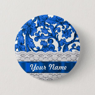 Blue & white lace 2 inch round button