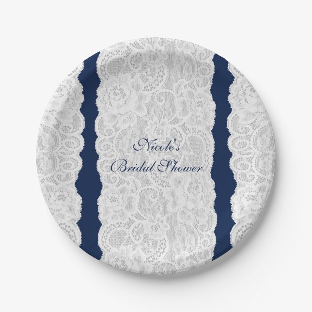 Blue & White Lace Bright Elegant Rustic Party Paper Plate (Front)