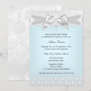 Blue White Lace Cross Baptism Invite