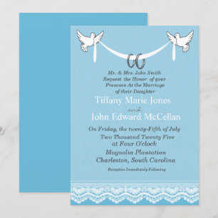 Blue White Lace Doves with Rings Wedding   Invitation