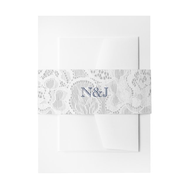 Blue & White Lace Rustic Simple Elegant Wedding Invitation Belly Band (Front Example)