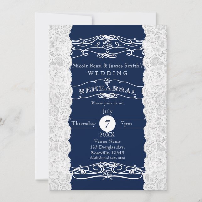 Blue & White Lace Wedding REHEARSAL Invitations (Front)