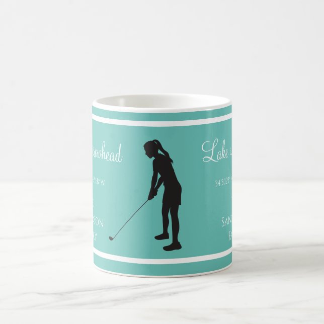 Blue White  lake's name  Lady golfer silhouette Coffee Mug (Center)
