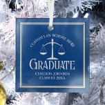 Blue White Law School Graduation Christmas Glass Ornament<br><div class="desc">This custom blue law school graduation Christmas ornament for a lawyer features the white scales of justice for the class of 2025. Customize with your graduating year under the elegant calligraphy for a great personalized university graduate gift.</div>