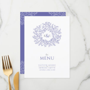 blue white leaf drawing monogram wedding menu