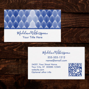 Blue White Leaf Modern Geometric QR Code Design Business Card
