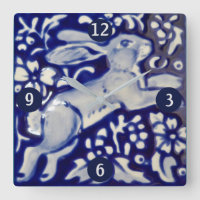 Blue & White Leaping Rabbit Hare Ceramic Tile Art