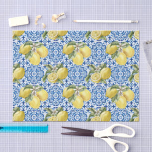 Blue White Lemon Tile Mediterranean Pattern Tissue Paper