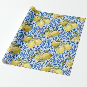 Blue White Lemon Tile Mediterranean Pattern Wrapping Paper