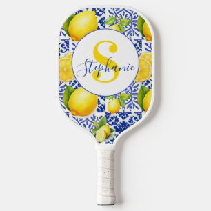Blue White Lemon Tile Pattern Citrus Monogram Name Pickleball Paddle