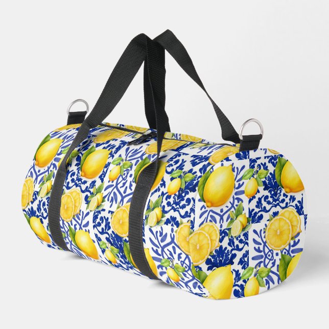 Blue White Lemon Tile Pattern Mediterranean Citrus Duffle Bag (Left Corner)