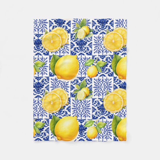 Blue White Lemon Tile Pattern Mediterranean Citrus Fleece Blanket (Front)