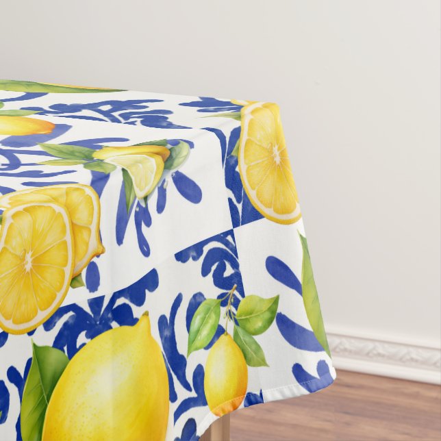Blue White Lemon Tile Pattern Mediterranean Citrus Tablecloth (In Situ)
