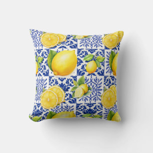 Blue White Lemon Tile Pattern Mediterranean Citrus Throw Pillow