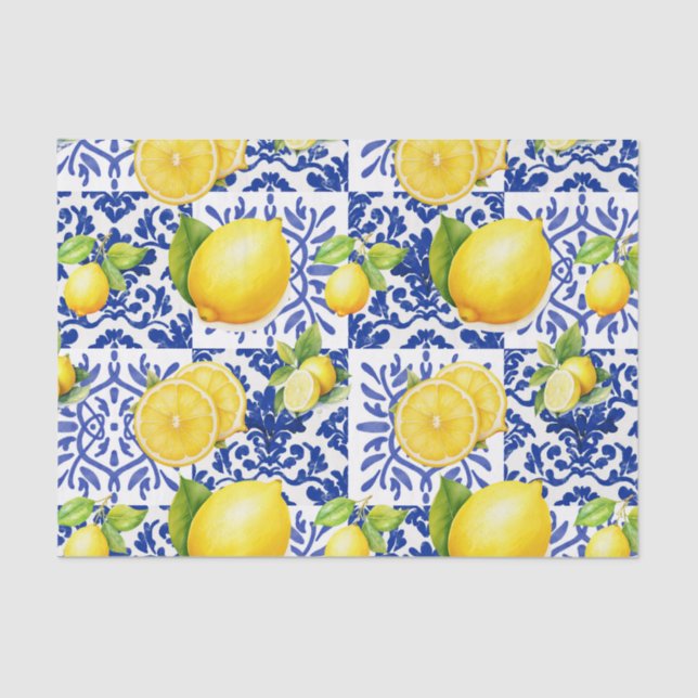 Blue White Lemon Tile Pattern Mediterranean Citrus Tissue Paper (Front)
