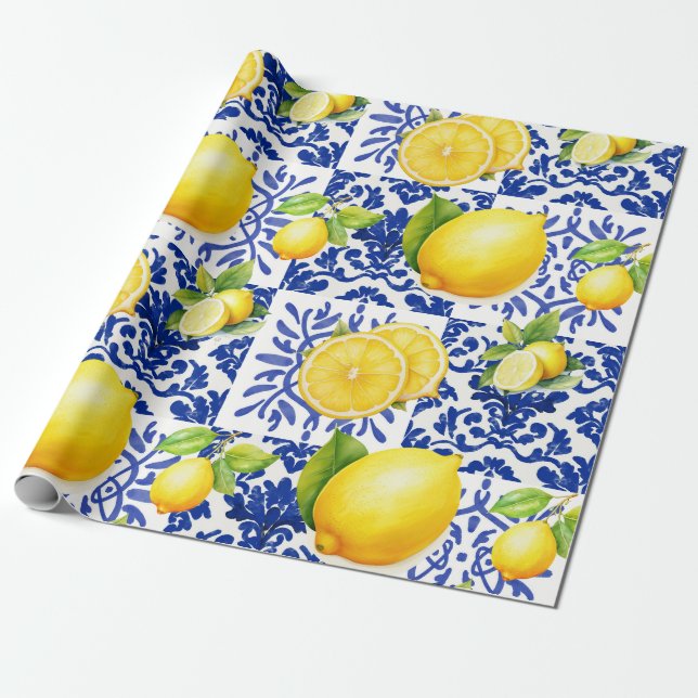 Blue White Lemon Tile Pattern Mediterranean Citrus Wrapping Paper (Unrolled)