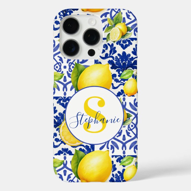 Blue White Lemon Tile Pattern Monogram Name Citrus Case-Mate iPhone Case (Back)