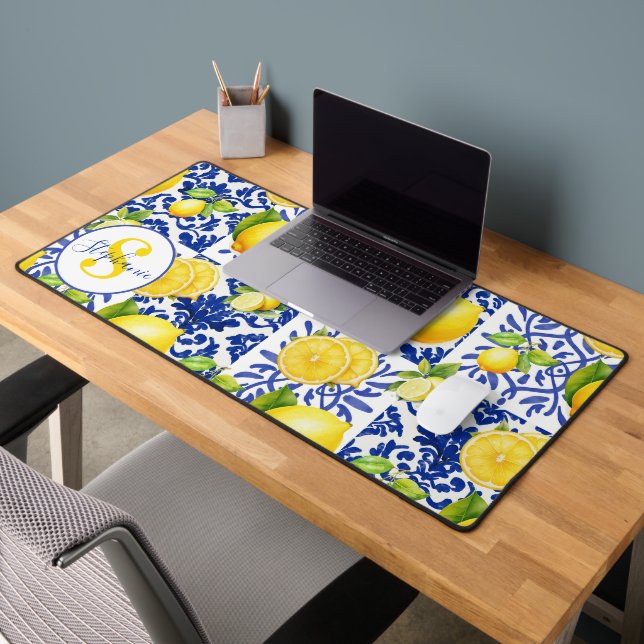 Blue White Lemon Tile Pattern Monogram Name Citrus Desk Mat (Office 2)