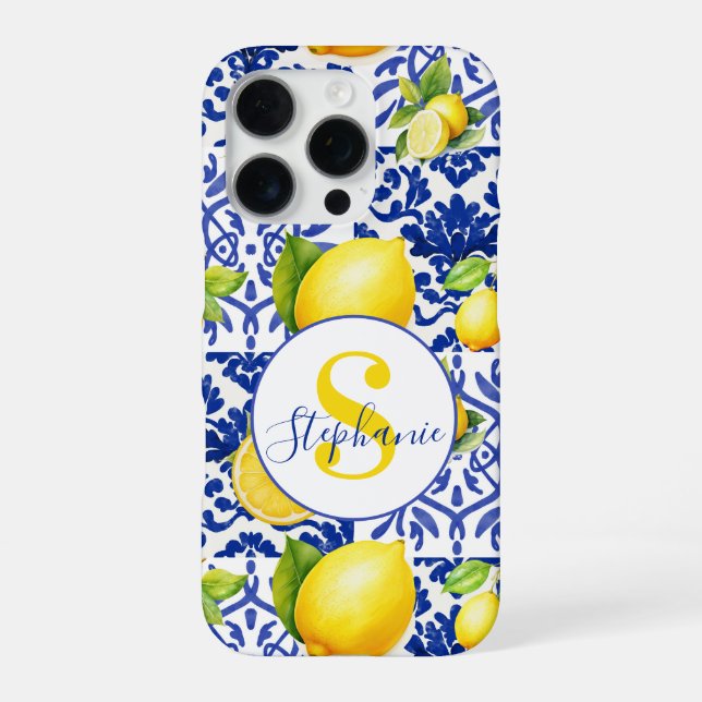Blue White Lemon Tile Pattern Monogram Name Citrus iPhone Case (Back)