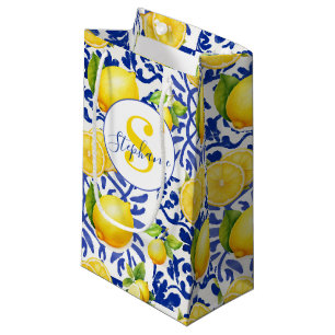 Blue White Lemon Tile Pattern Name Monogram Citrus Small Gift Bag