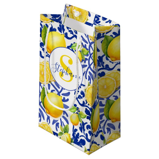Blue White Lemon Tile Pattern Name Monogram Citrus Small Gift Bag (Front Angled)