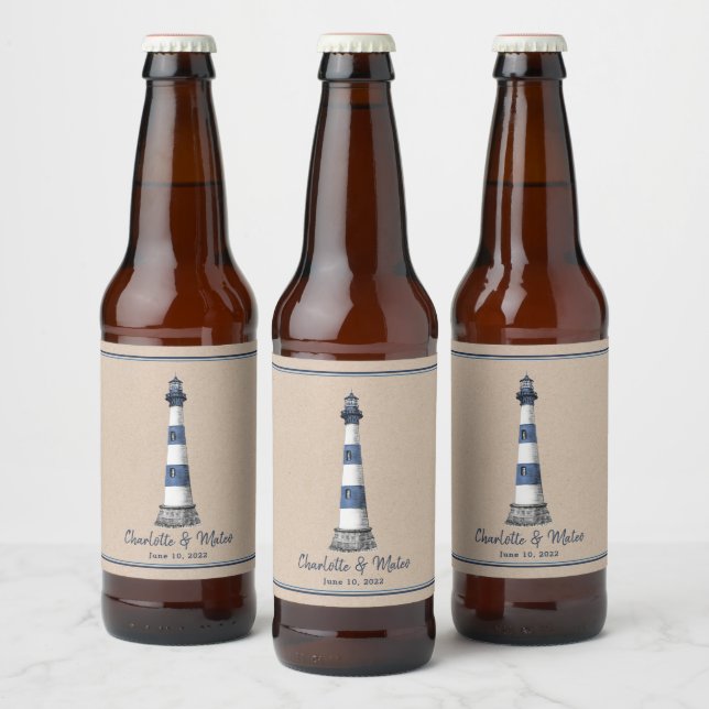 Blue White Lighthouse Border Kraft Wedding Beer Bottle Label (Bottles)