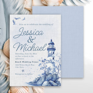 Blue White Lighthouse Coastal Beach Wedding  Invitation