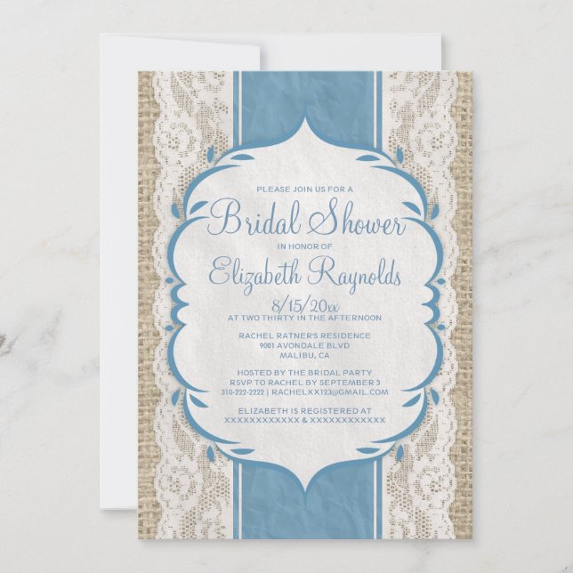 Blue White Linen Burlap Lace Bridal Shower Invites (Front)