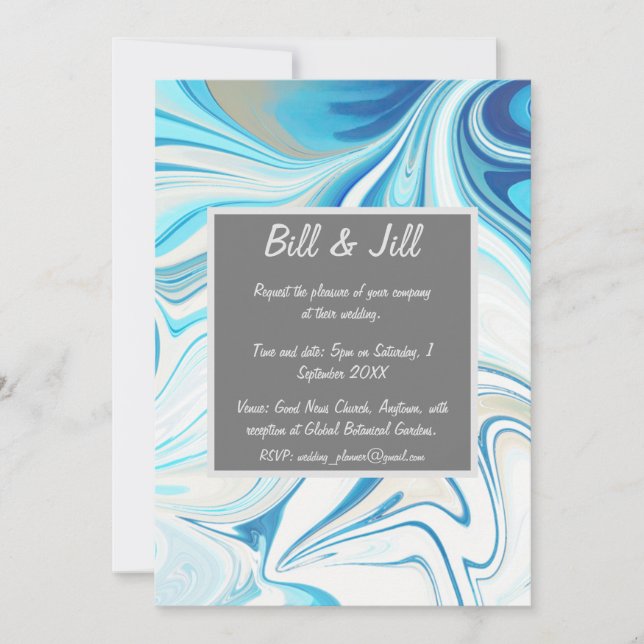 Blue White Liquid Marble Wedding Invitation (Front)
