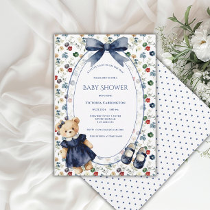 Blue & White Little Lady Floral Bear Vintage Girl Invitation