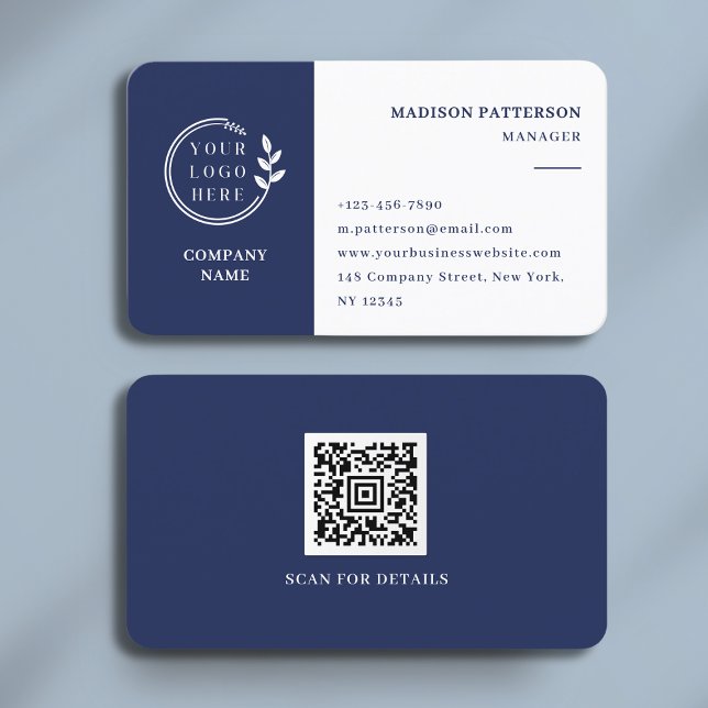 Blue White Logo QR Code Minimalist Modern Business Card (Creator Uploaded)