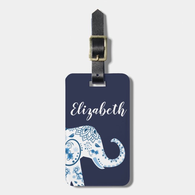 Blue & White Lotus Bohemian Elephant & Name Luggage Tag (Front Vertical)