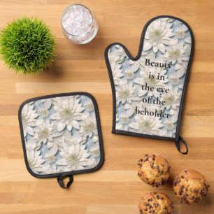 Blue White Lotus Flowers Oven Mitt & Pot Holder Set