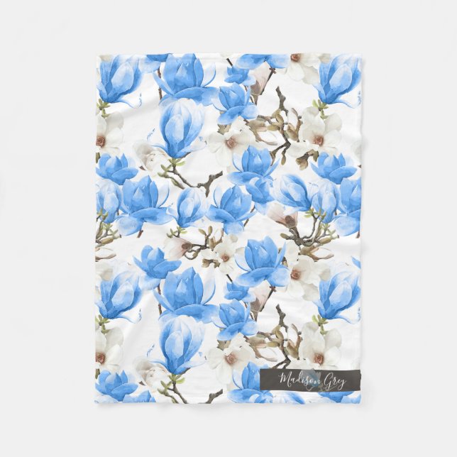 Blue & White Magnolia Blossom Watercolor Pattern Fleece Blanket (Front)