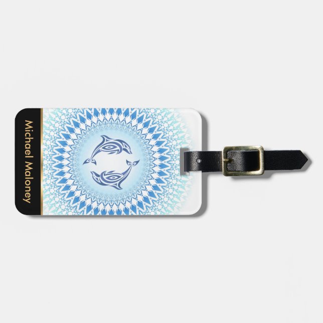 Blue White Mandala Dolphins Luggage Tag (Front Horizontal)