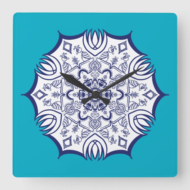 Blue & White Mandel With Creatures  Thermal Tumble Square Wall Clock (Front)